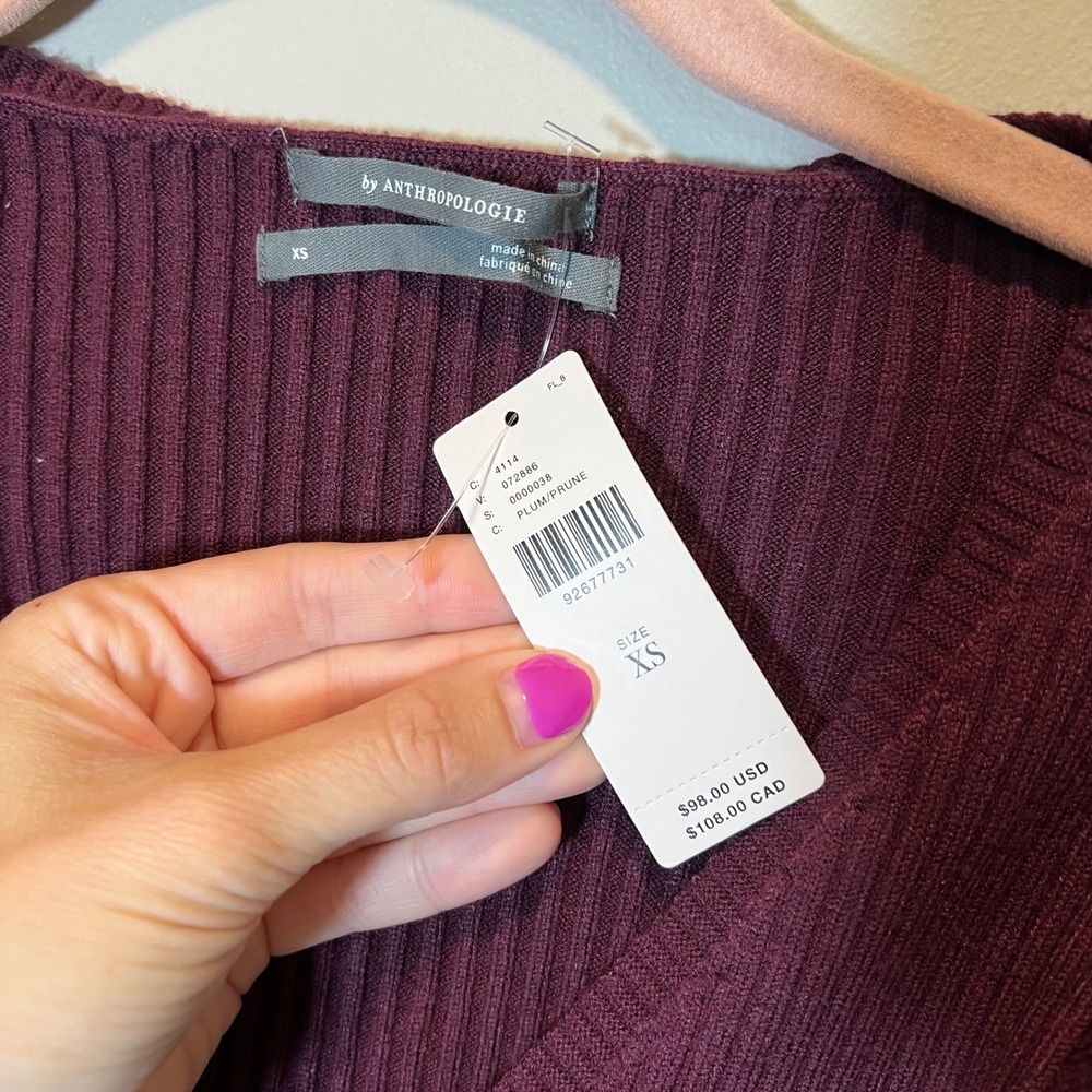 Anthropologie Ribbed Heart Button Cardigan Plum Puff Sleeve‎ Sweater XS NWT - Picture 6 of 12